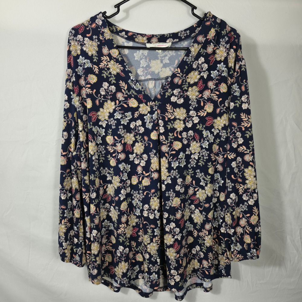 Two by Vince Camuto Blouse Women XXL Navy Blue Excellent Floral V-Neck Top